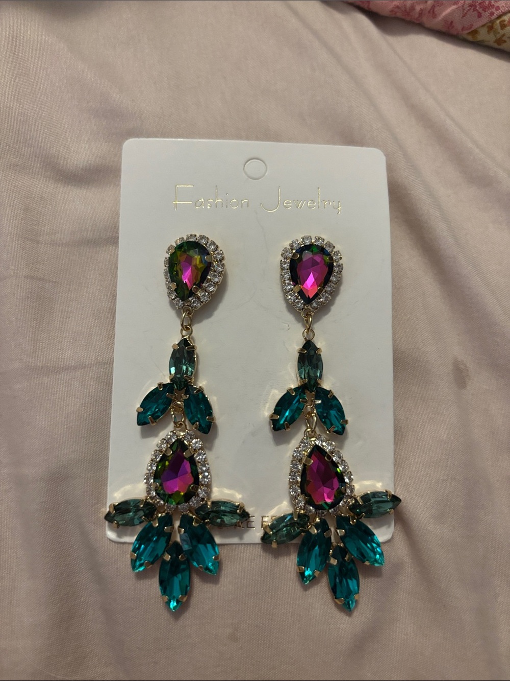 Fashion Jewelry Multicolor Teardrop Chandelier Earrings - Teal & Magenta